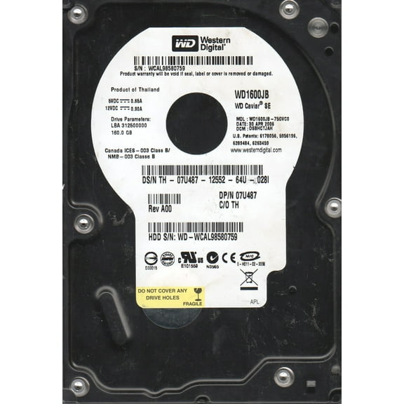 WD1600JB-75GVC0, DCM DSBHCTJAH, Western Digital 160GB IDE 3.5 Hard Drive