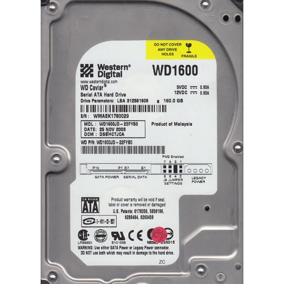 WD1600JD-22FYB0, DCM DSBHCTJCA, Western Digital 160GB SATA 3.5 Hard Drive