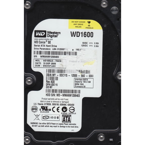 WD1600JS-75NCB1, DCM DSCHCTJAH, Western Digital 160GB SATA 3.5 Hard Drive