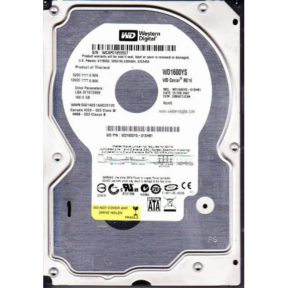 WD1600YS-01SHB1, DCM DBBACTJCAN, Western Digital 160GB SATA 3.5 Hard Drive
