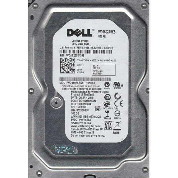 WD1602ABKS-18N8A0, DCM DGNNHT2AAN, Western Digital 160GB SATA 3.5 Hard Drive