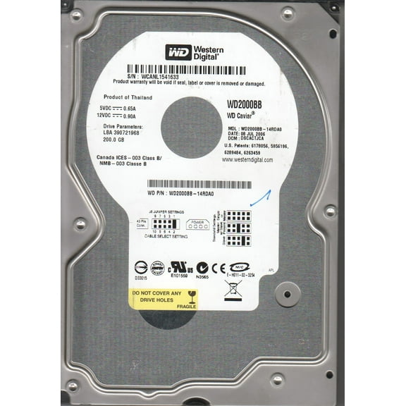 WD2000BB-14RDA0, DCM DSCACTJCA, Western Digital 200GB IDE 3.5 Hard Drive