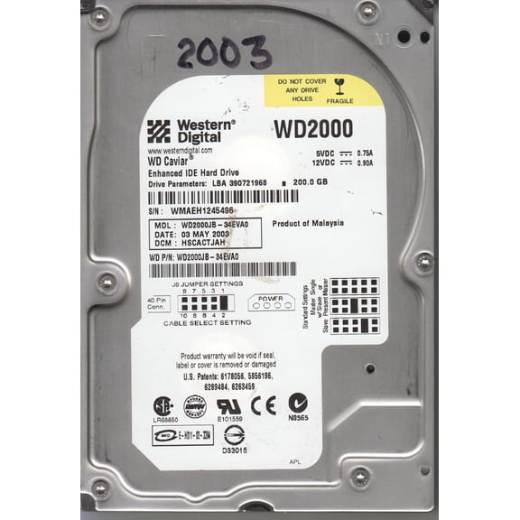 WD2000JB-34EVA0, DCM HSCACTJAH, Western Digital 200GB IDE 3.5 Hard Drive