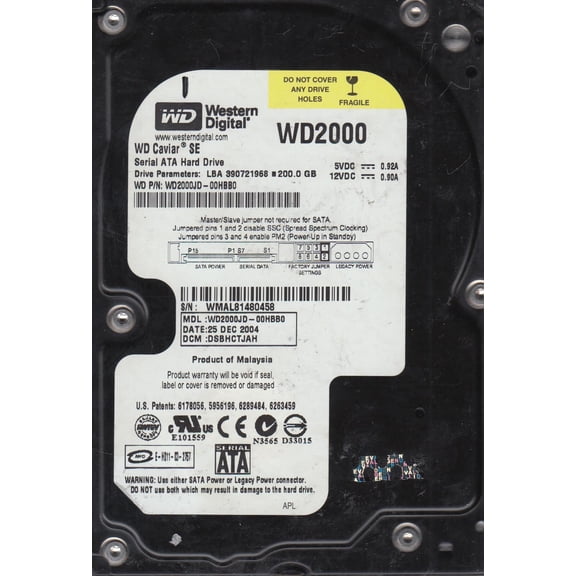 WD2000JD-00HBB0, DCM DSBHCTJAH, Western Digital 200GB SATA 3.5 Hard Drive