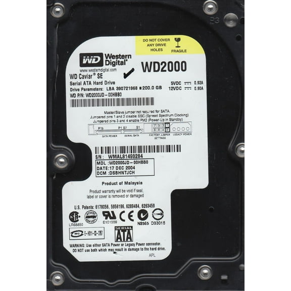 WD2000JD-00HBB0, DCM DSBHNTJCH, Western Digital 200GB SATA 3.5 Hard Drive