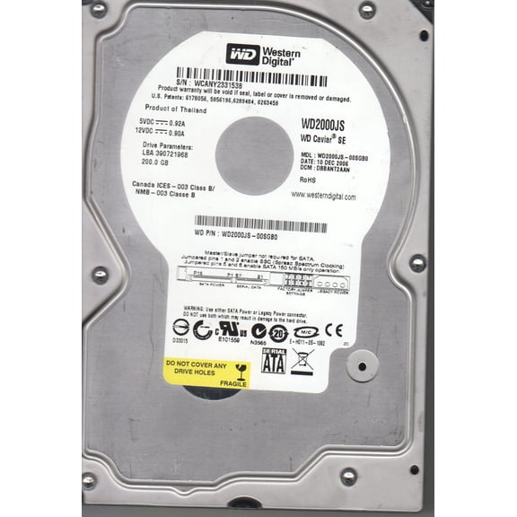 WD2000JS-00SGB0, DCM DBBANT2AAN, Western Digital 200GB SATA 3.5 Hard Drive