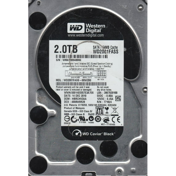 WD2001FASS-00W2B0, DCM HBRCHV2AA, Western Digital 2TB SATA 3.5 Hard Drive