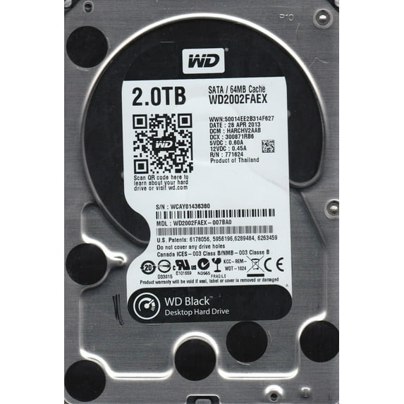 WD2002FAEX-007BA0, DCM HARCHV2AAB, Western Digital 2TB SATA 3.5 Hard Drive