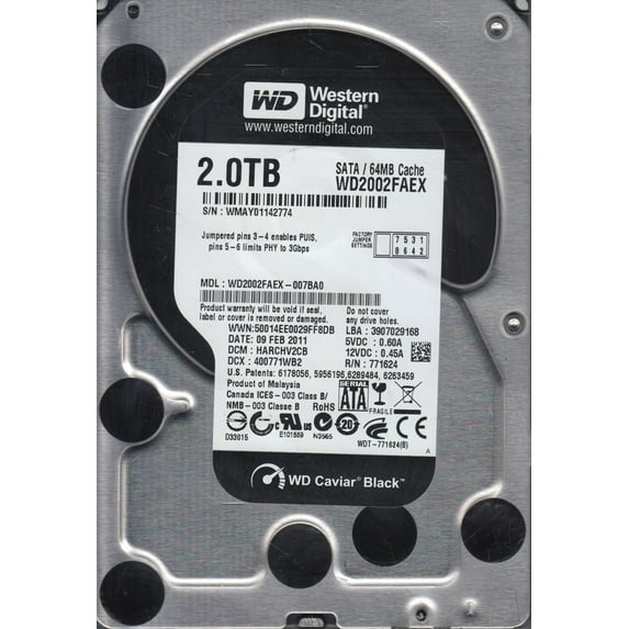WD2002FAEX-007BA0, DCM HARCHV2CB, Western Digital 2TB SATA 3.5 Hard Drive