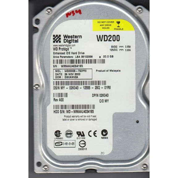 WD200EB-75CPF0, DCM DSCANV2A, Western Digital 20GB IDE 3.5 Hard Drive
