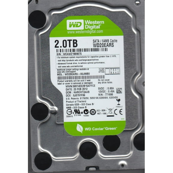 WD20EARS-00J99B0, DCM HARCHT2AAB, Western Digital 2TB SATA 3.5 Hard Drive