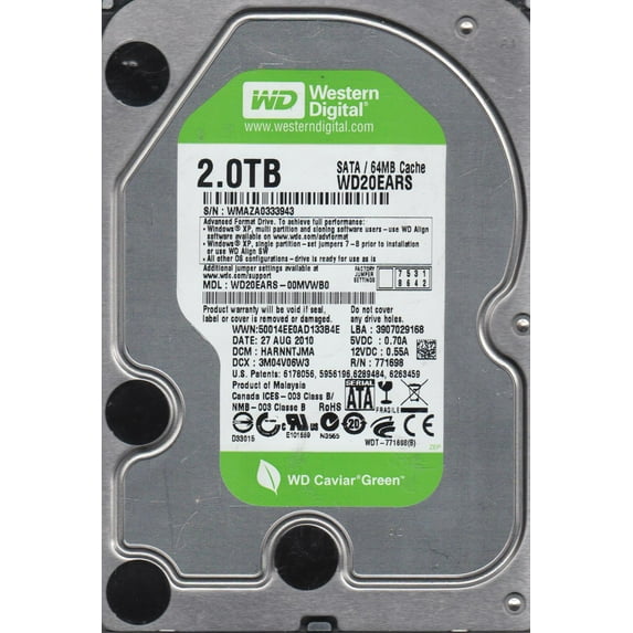 WD20EARS-00MVWB0, DCM HARNNTJMA, Western Digital 2TB SATA 3.5 Hard Drive