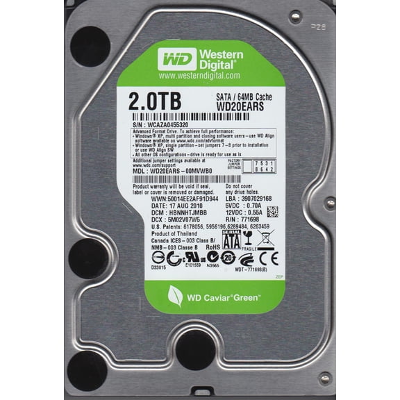 WD20EARS-00MVWB0, DCM HBNNHTJMBB, Western Digital 2TB SATA 3.5 Hard Drive
