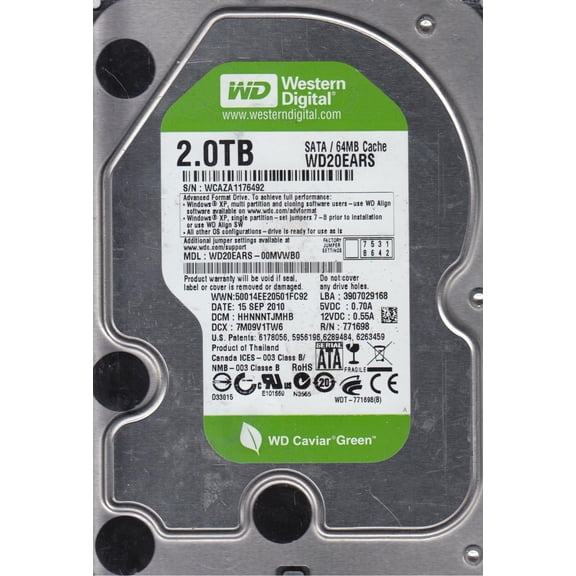 WD20EARS-00MVWB0, DCM HHNNNTJMHB, Western Digital 2TB SATA 3.5 Hard Drive