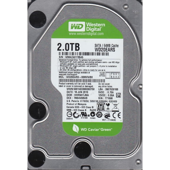 WD20EARS-00MVWB0, DCM HHRNHTJMA, Western Digital 2TB SATA 3.5 Hard Drive