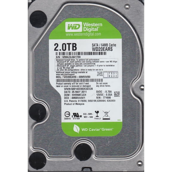 WD20EARS-00MVWB0, DCM HHRNNTJCH, Western Digital 2TB SATA 3.5 Hard Drive