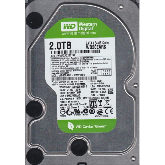 WD20EARS-00MVWB0, DCM HHRNNTJMA, Western Digital 2TB SATA 3.5 Hard Drive