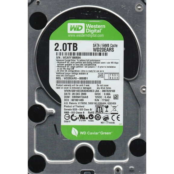 WD20EARS-00S8B1, DCM HBRNHT2AAB, Western Digital 2TB SATA 3.5 Hard Drive