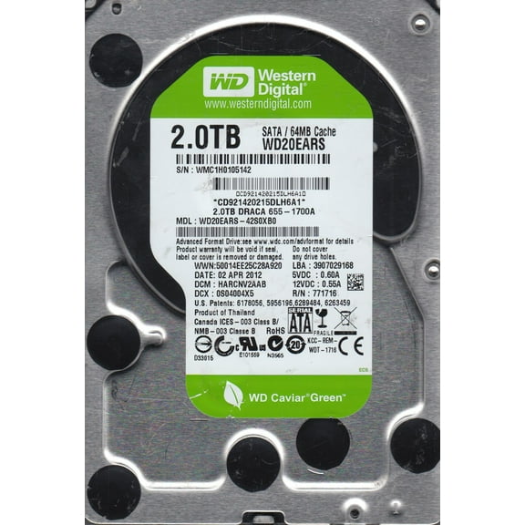 WD20EARS-42S0XB0, DCM HARCNV2AAB, Western Digital 2TB SATA 3.5 Hard Drive