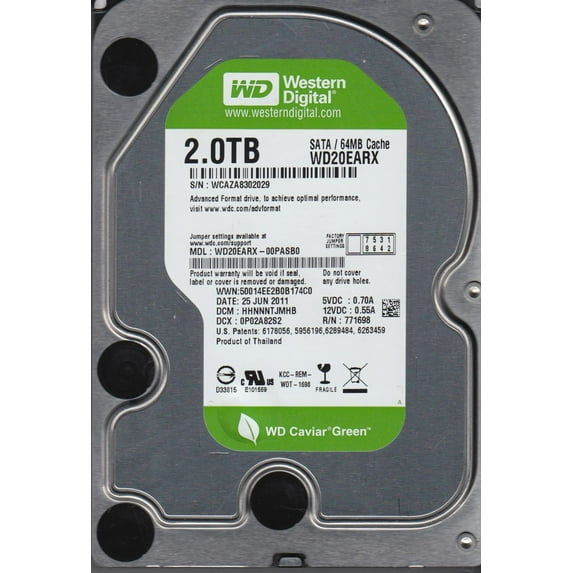 WD20EARX-00PASB0, DCM HHNNNTJMHB, Western Digital 2TB SATA 3.5 Hard Drive