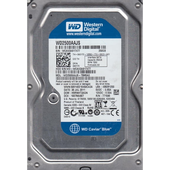 WD2500AAJS-75M0A0, DCM HBRNHT2AGN, Western Digital 250GB SATA 3.5 Hard Drive