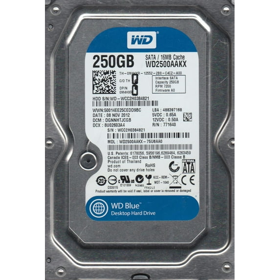 WD2500AAKX-75U6AA0, DCM DGNNHTJCGB, Western Digital 250GB SATA 3.5 Hard Drive