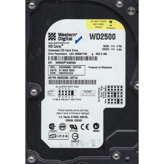 WD2500BB-22FTA0, DCM HSCHCVJAH, Western Digital 250GB IDE 3.5 Hard Drive