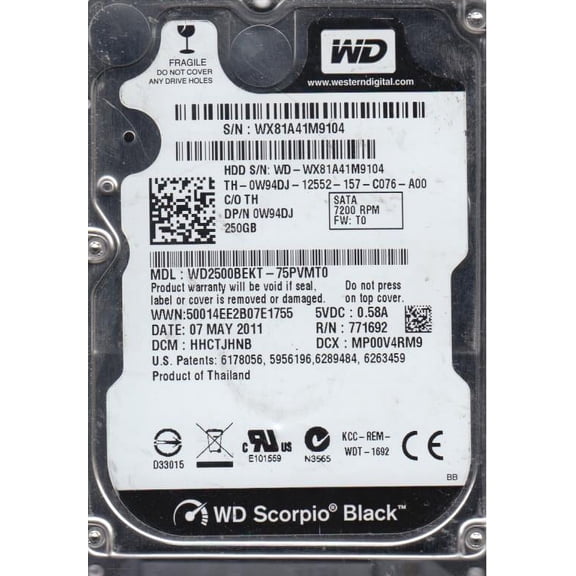 WD2500BEKT-75PVMT0, DCM HHCTJHNB, Western Digital 250GB SATA 2.5 Hard Drive
