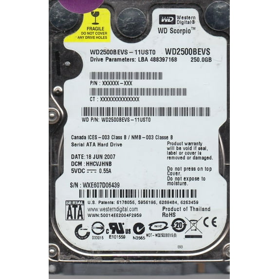 WD2500BEVS-11UST0, DCM HHCVJHNB, Western Digital 250GB SATA 2.5 Hard Drive