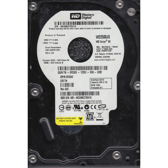 WD2500JS-75NCB1, DCM DSBHCT2AH, Western Digital 250GB SATA 3.5 Hard Drive