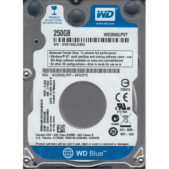 WD2500LPVT-00G33T0, DCM HHCVJHB, Western Digital 250GB SATA 2.5 Hard Drive