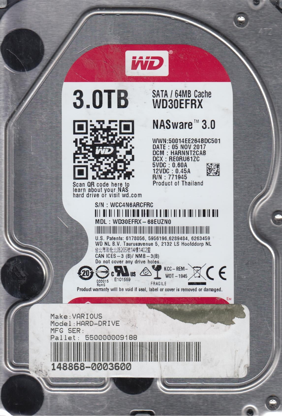 Western Digital 3TB Red WD30EFRX Hard WD SATA NAS Drive 64MB HDD