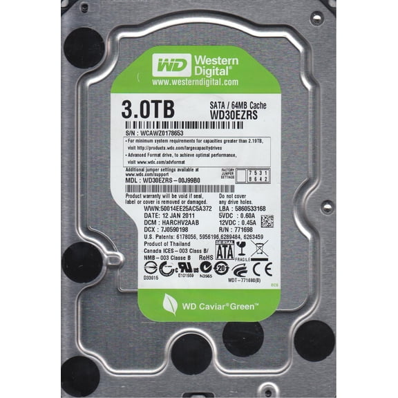 WD30EZRS-00J99B0, DCM HARCHV2AAB, Western Digital 3TB SATA 3.5 Hard Drive