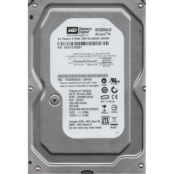 WD3200AAJS-22B4A0, DCM HANNNT2AAN, Western Digital 320GB SATA 3.5 Hard Drive