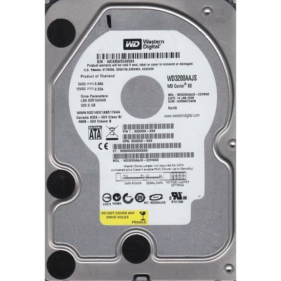 WD3200AAJS-22VWA0, DCM HHRNNT2AHN, Western Digital 320GB SATA 3.5 Hard Drive