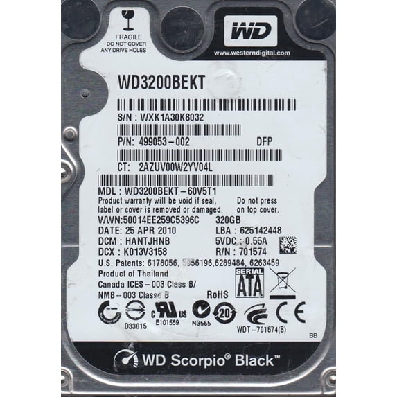 WD3200BEKT-60V5T1, DCM HANTJHNB, Western Digital 320GB SATA 2.5 Hard Drive