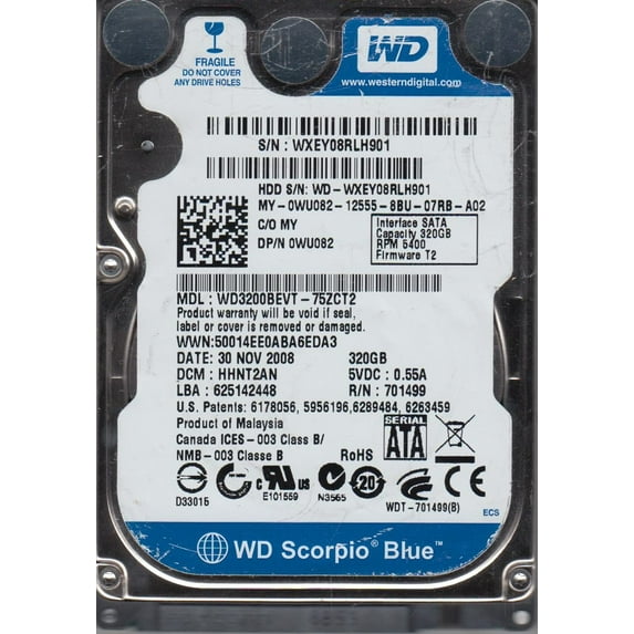 WD3200BEVT-75ZCT2, DCM HHNT2AN, Western Digital 320GB SATA 2.5 Hard Drive