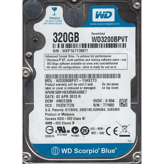 WD3200BPVT-11HXZT3, DCM HBOT2BB, Western Digital 320GB SATA 2.5 Hard Drive