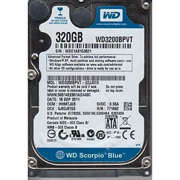 WD3200BPVT-22JJ5T0, DCM HHMTJAB, Western Digital 320GB SATA 2.5 Hard Drive