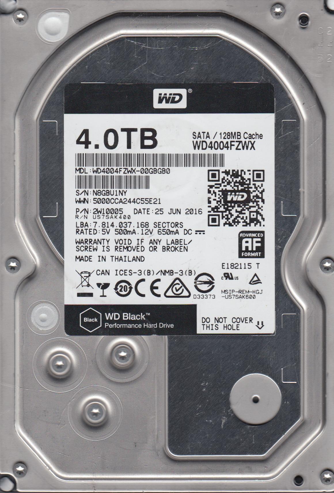 WD4004FZWX-00GBGB0, PN 2W10005, Western Digital 4TB SATA 3.5 Hard