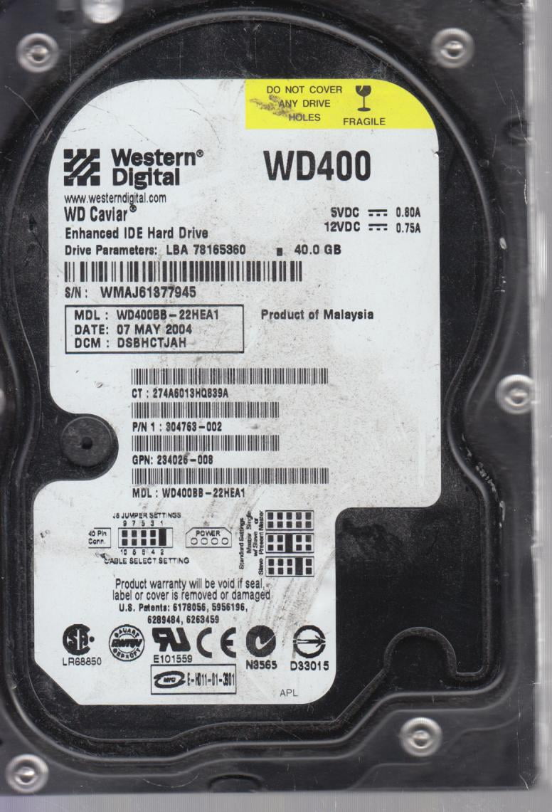 Disque Dur Interne Western Digital 40Go - Caviar WD400BB - IDE PATA, 7200 RPM, 3,5'' (occasion)