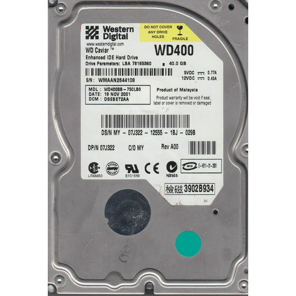 WD400BB-75CLB0, DCM DSEBET2AA, Western Digital 40GB IDE 3.5 Hard Drive