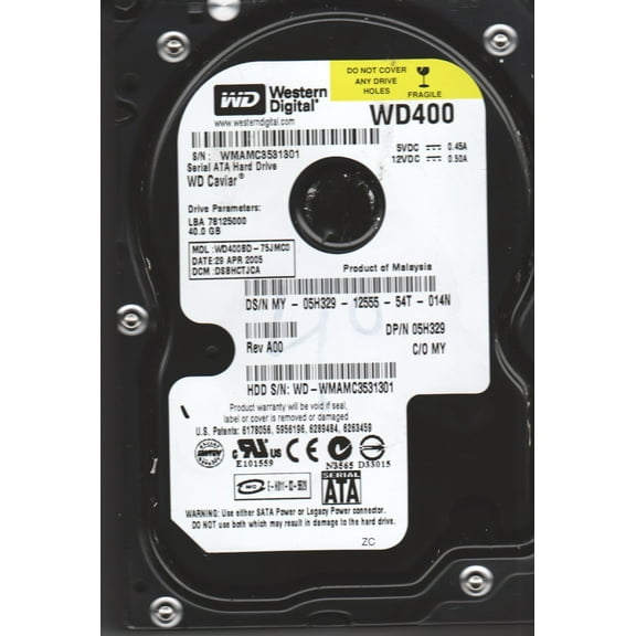WD400BD-75JMC0, DCM DSBHCTJCA, Western Digital 40GB SATA 3.5 Hard Drive