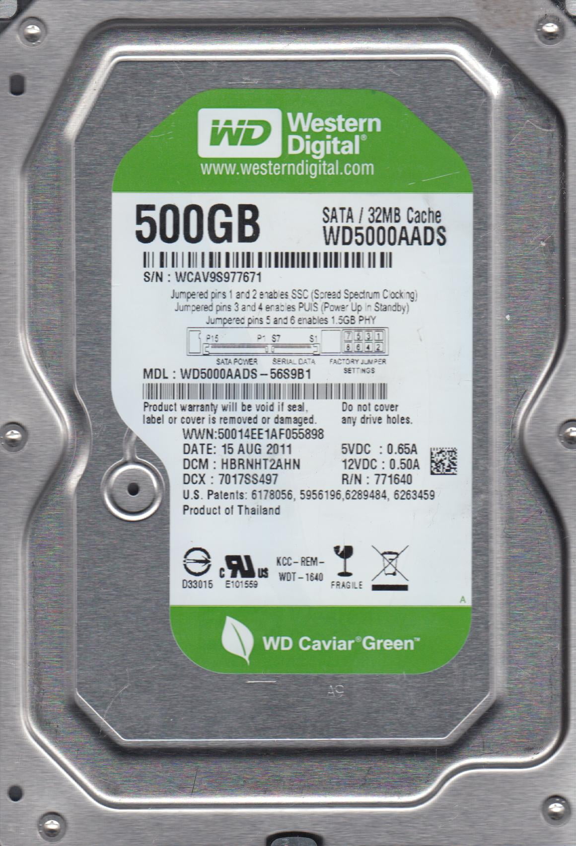 WD5000AADS-56S9B1, DCM HBRNHT2AHN, Western Digital 500GB SATA 3.5 Hard ...