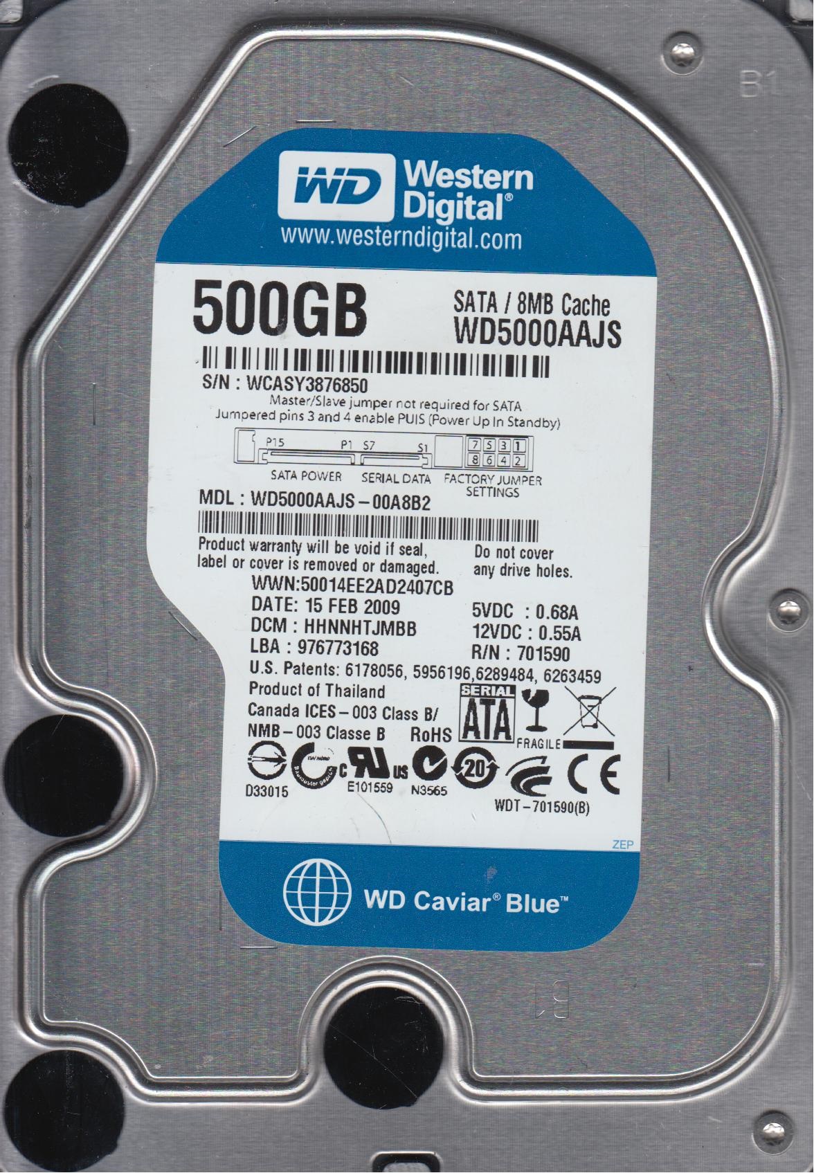 Wd5000aajs WD5000AAJS-00A8B2, DCM HHNNHTJMBB, Western Digital 500GB SATA 3.5 Hard ...