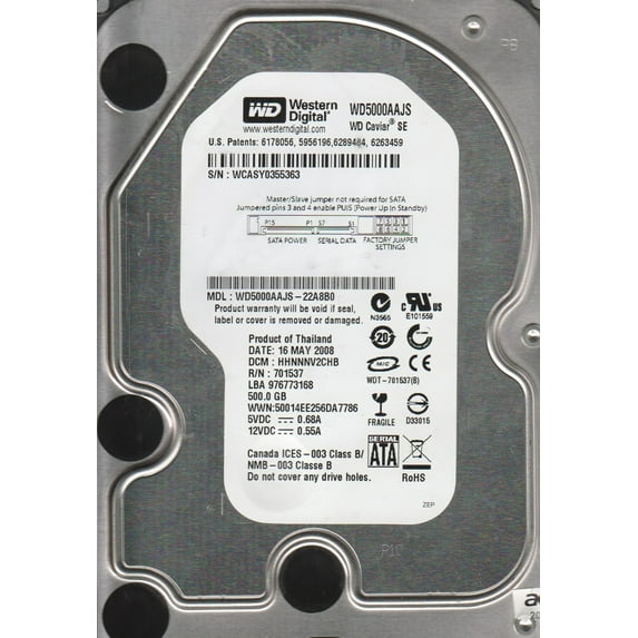 WD5000AAJS-22A8B0, DCM HHNNNV2CHB, Western Digital 500GB SATA 3.5 Hard Drive