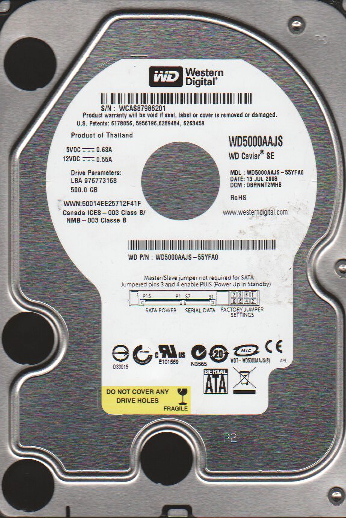 Wd5000aajs WD5000AAJS-55YFA0, DCM DBRNNT2MHB, Western Digital 500GB SATA 3.5 Hard ...