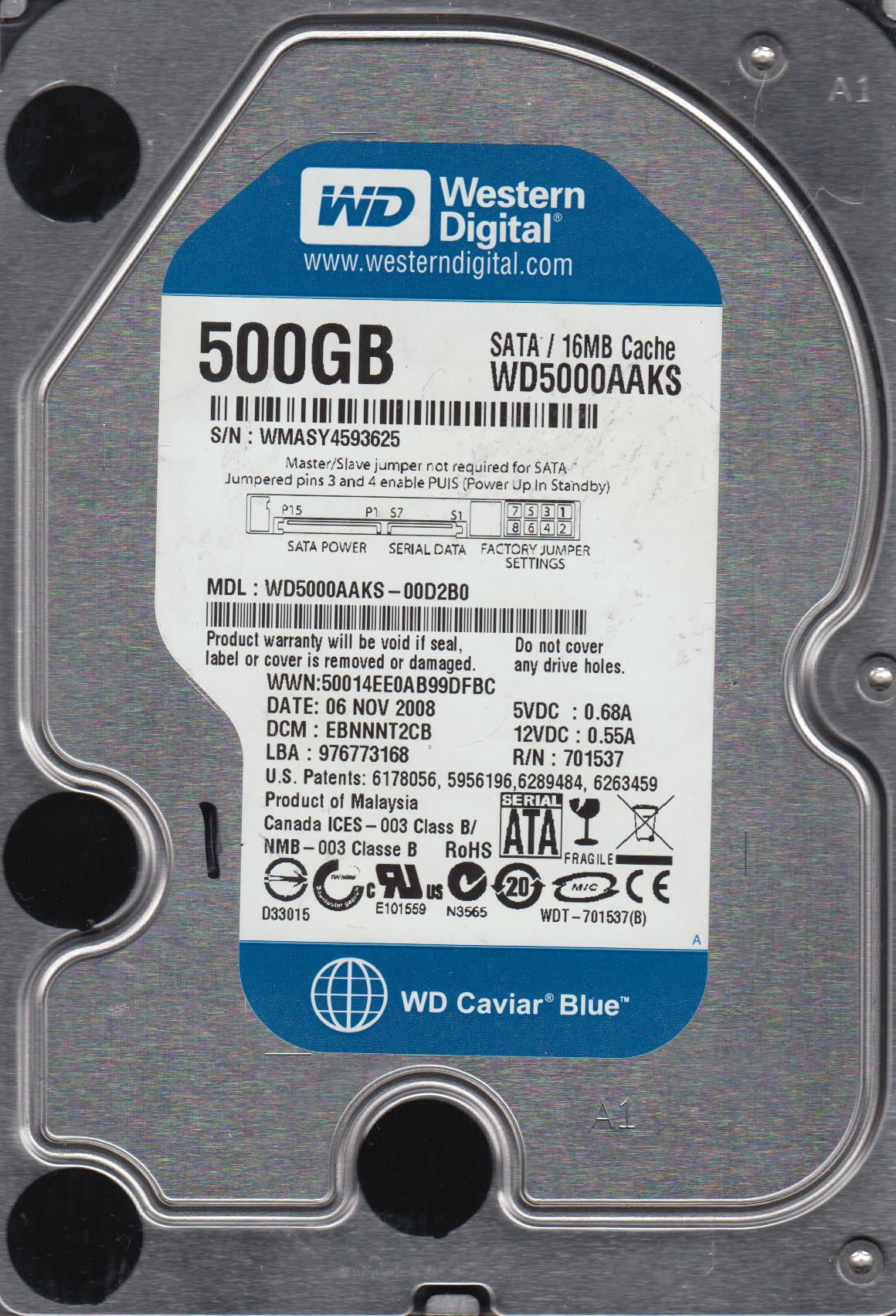 WD5000AAKS-00D2B0, DCM EBNNNT2CB, Western Digital 500GB SATA 3.5 Hard Drive
