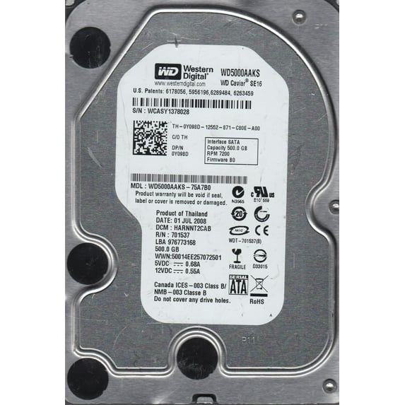 WD5000AAKS-75A7B0, DCM HARNNT2CAB, Western Digital 500GB SATA 3.5 Hard Drive