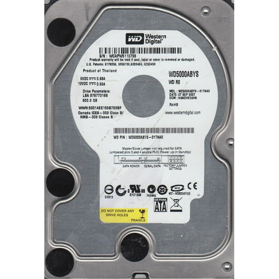WD5000ABYS-01TNA0, DCM HANCHV2AHN, Western Digital 500GB SATA 3.5 Hard Drive
